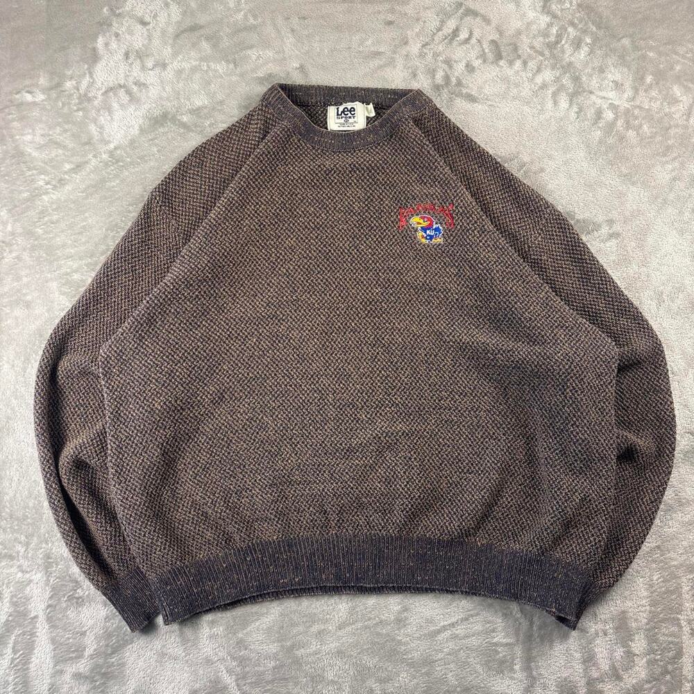 Vintage Lee Sport Kansas Jayhawks Sweater Mens XL Brown Knit Made USA KU 90s